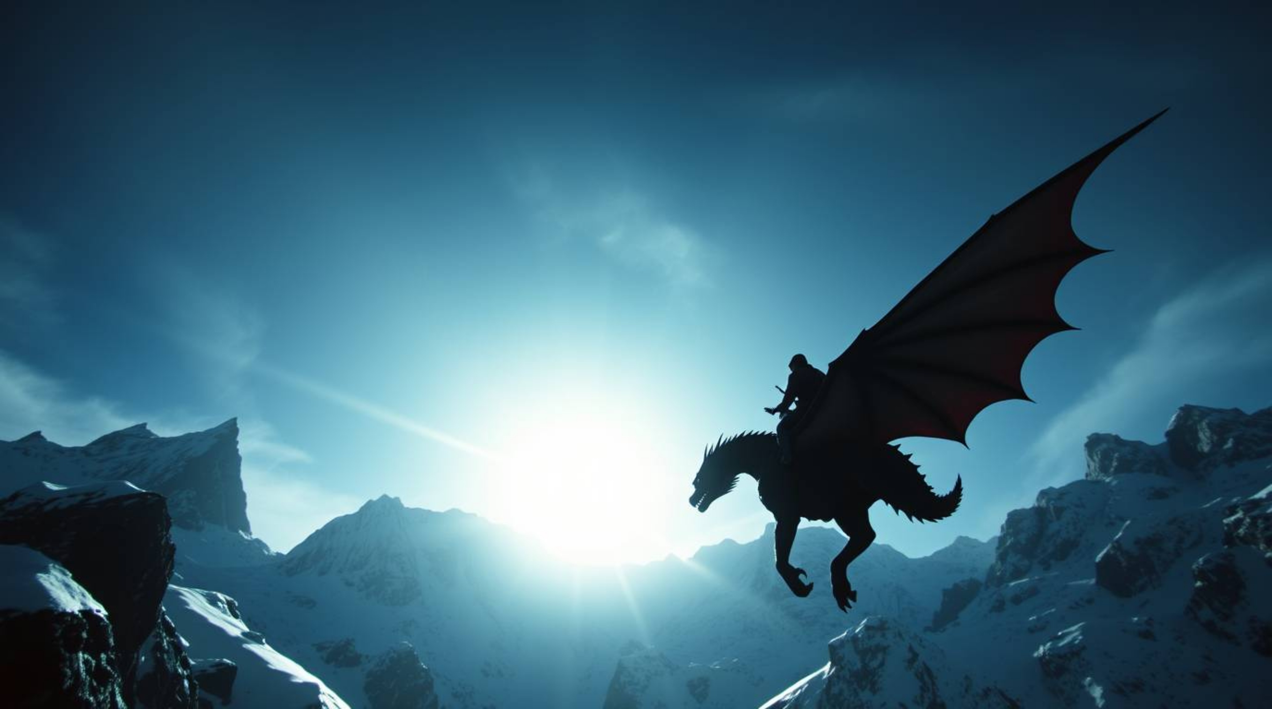 Witness a breathtaking scene of a dragon and its rider soaring above jagged, icy mountains. Captured from a dramatic low-angl