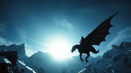 Witness a breathtaking scene of a dragon and its rider soaring above jagged, icy mountains. Captured from a dramatic low-angl