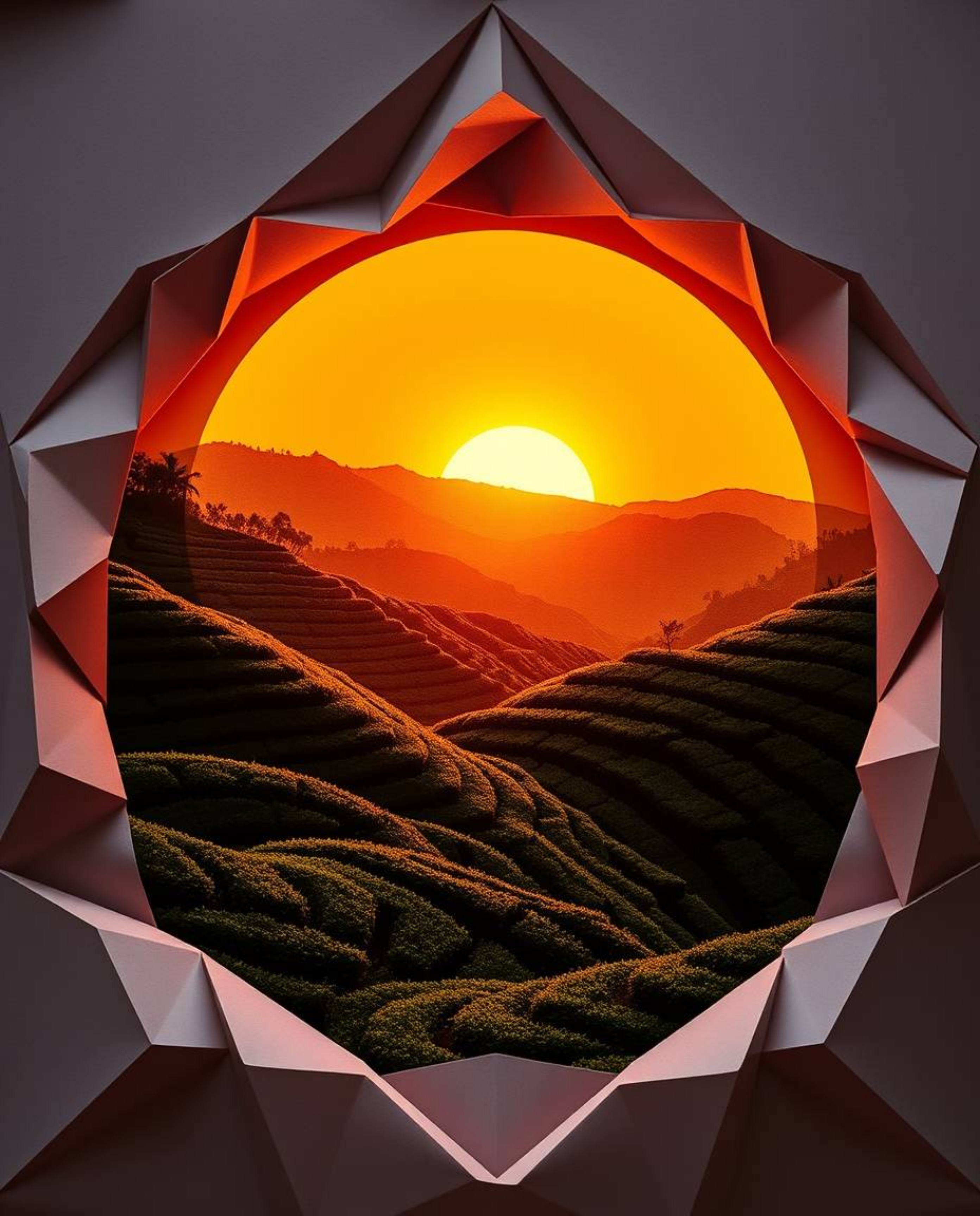 An intricate origami-style depiction of a sunset over terraced tea plantations, crafted with folded paper aesthetics. The pie