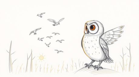 A charming hand-drawn sketch in the style of Pixar depicts a gentle blind owl with soft feathers, patiently guiding a flock o