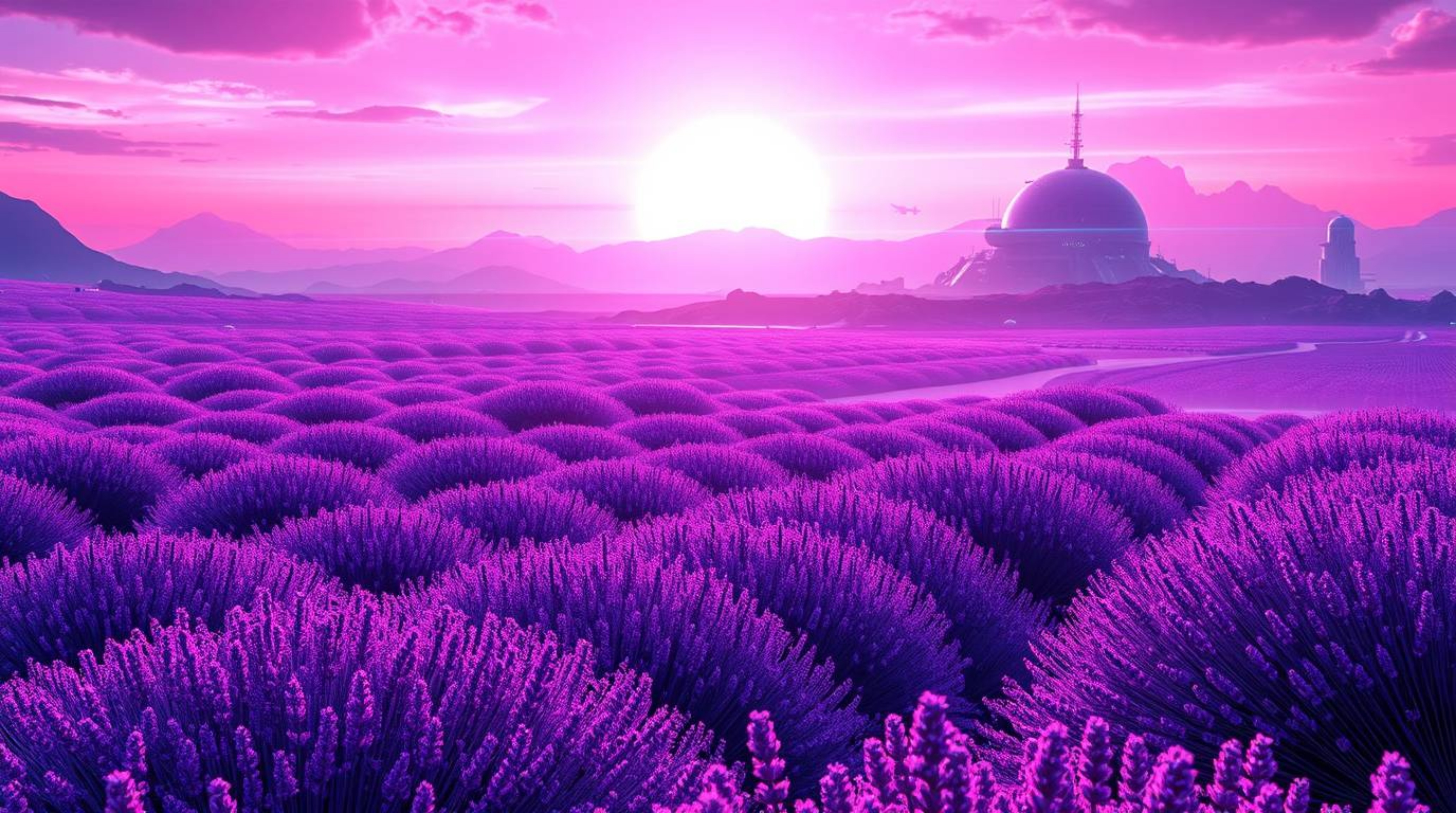 Immerse yourself in a futuristic sci-fi scene where lavender fields glow under a dreamy pink sky. This highly detailed illust