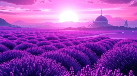 Immerse yourself in a futuristic sci-fi scene where lavender fields glow under a dreamy pink sky. This highly detailed illust