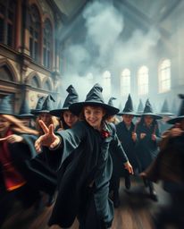 Discover a magical school brimming with young wizards in dynamic action poses.  Experience a soft cinematic haze, soft focus,