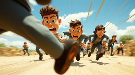 Experience a dynamic chase scene captured in a tight close-up with exaggerated squash and stretch animation techniques, highl