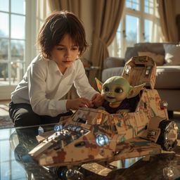 This exquisite high-fashion photography captures a young boy with a curious expression building an intricately designed cardb