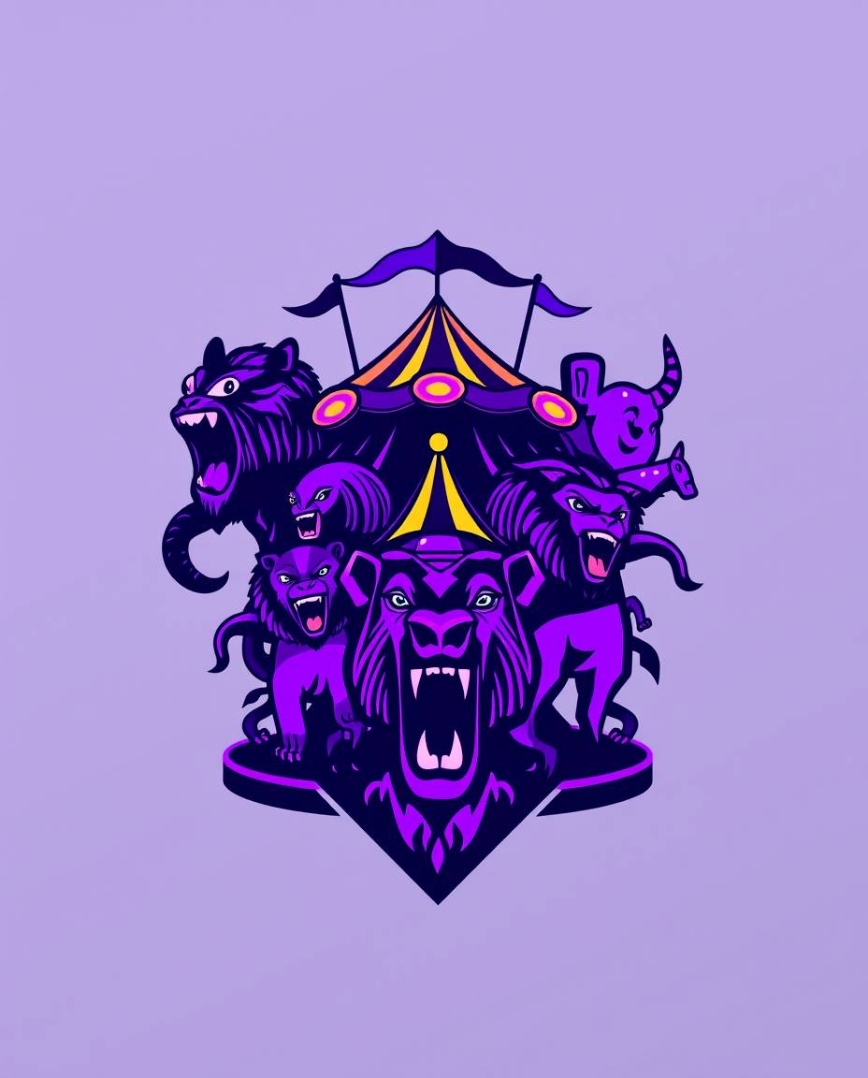 This logo design depicts a whimsical carnival scene overrun by wild animals, rendered in striking deep ultraviolet hues with 