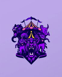 This logo design depicts a whimsical carnival scene overrun by wild animals, rendered in striking deep ultraviolet hues with 