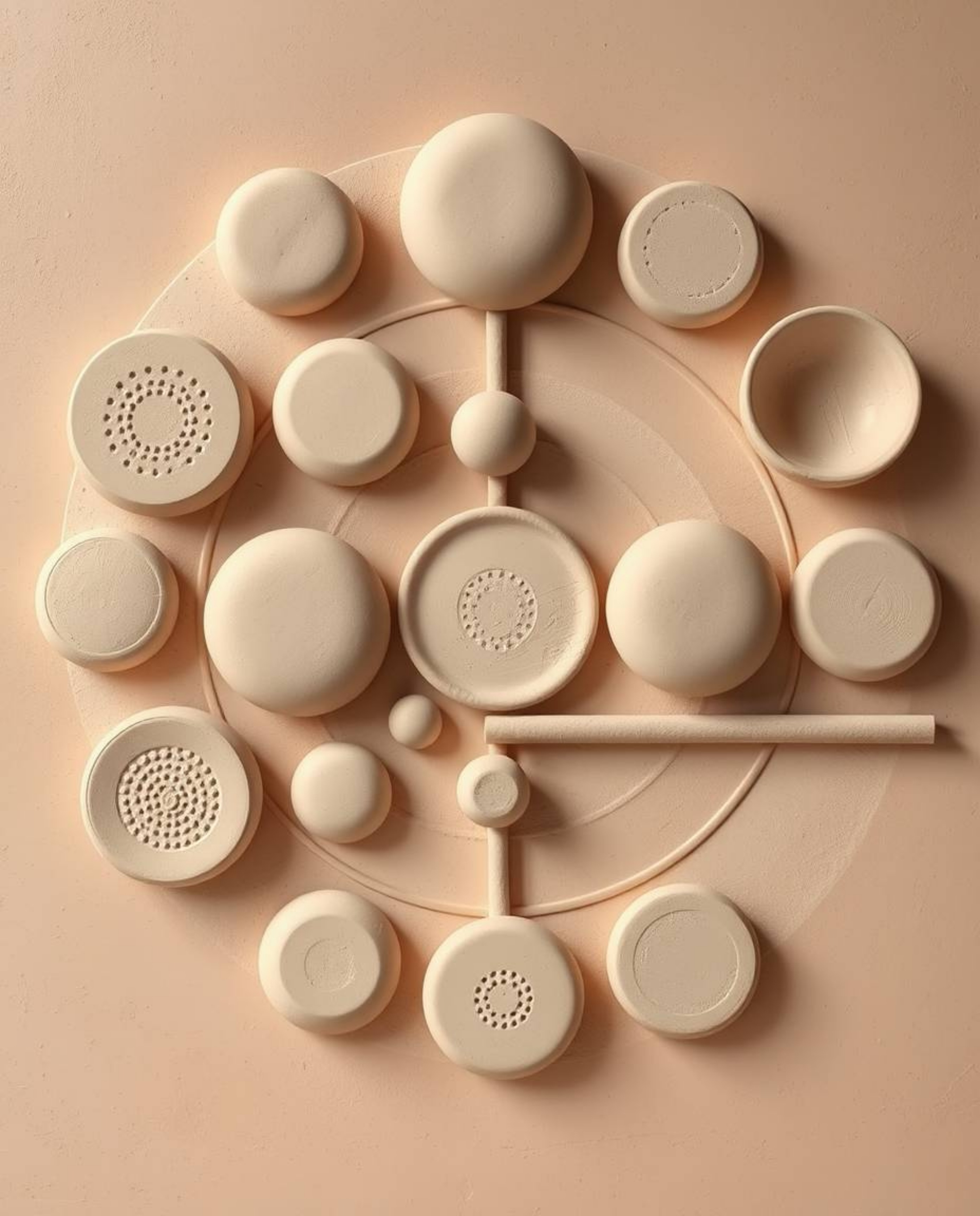 Discover stunning minimalist clay sculptures featuring a geometric pattern of circles and lines, inspired by the Bauhaus styl