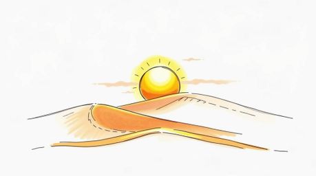 A charming and adorable hand-drawn color sketchnote captures a delightful sunset over golden dunes at the edge of a serene de