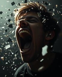 A captivating digital artwork depicting a person screaming as their world dissolves into vibrant, high-contrast pixels.  The 