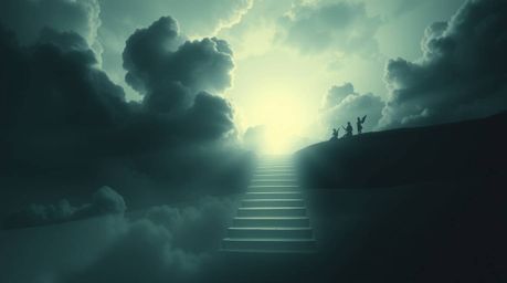 A surreal and moody scene unfolds with low contrast, depicting light steps ascending into a cloudy sky. Angelic figures watch
