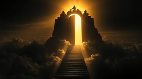 Experience a breathtaking scene of a heavenly gate suspended above a sea of ominous black clouds. Golden light dramatically c