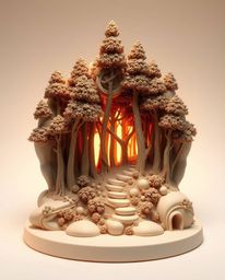 Experience the surreal contrast of a sculptural clay art piece depicting a digital glitch effect overlaying a tranquil forest