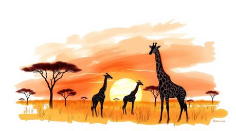A warm and elegant hand-drawn sketch in a colorful sketchnote style depicts a captivating savanna sunset featuring silhouette