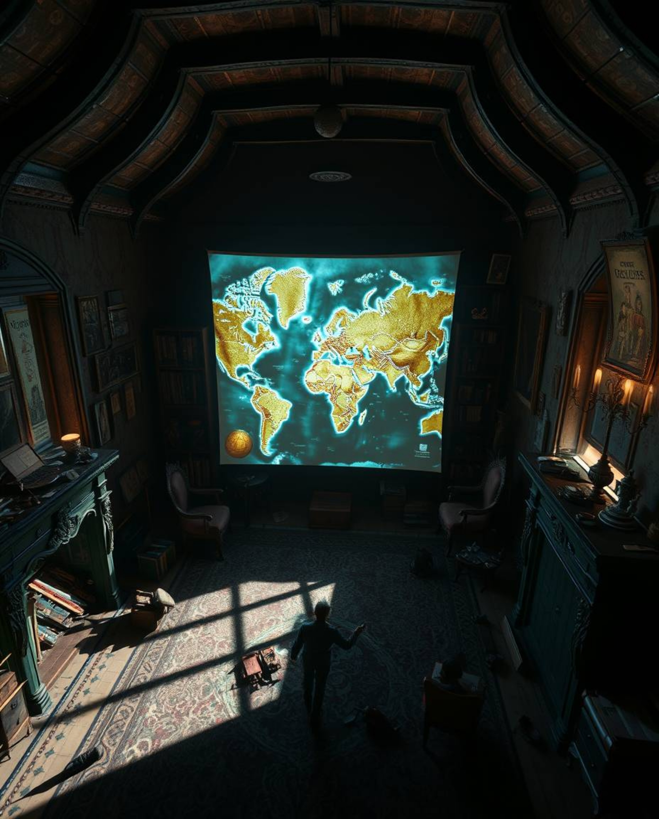 Discover a surreal high-angle image of a glowing map projected in the air within an old study.  The scene is filled with fant