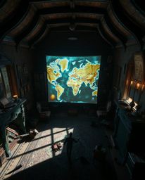 Discover a surreal high-angle image of a glowing map projected in the air within an old study.  The scene is filled with fant