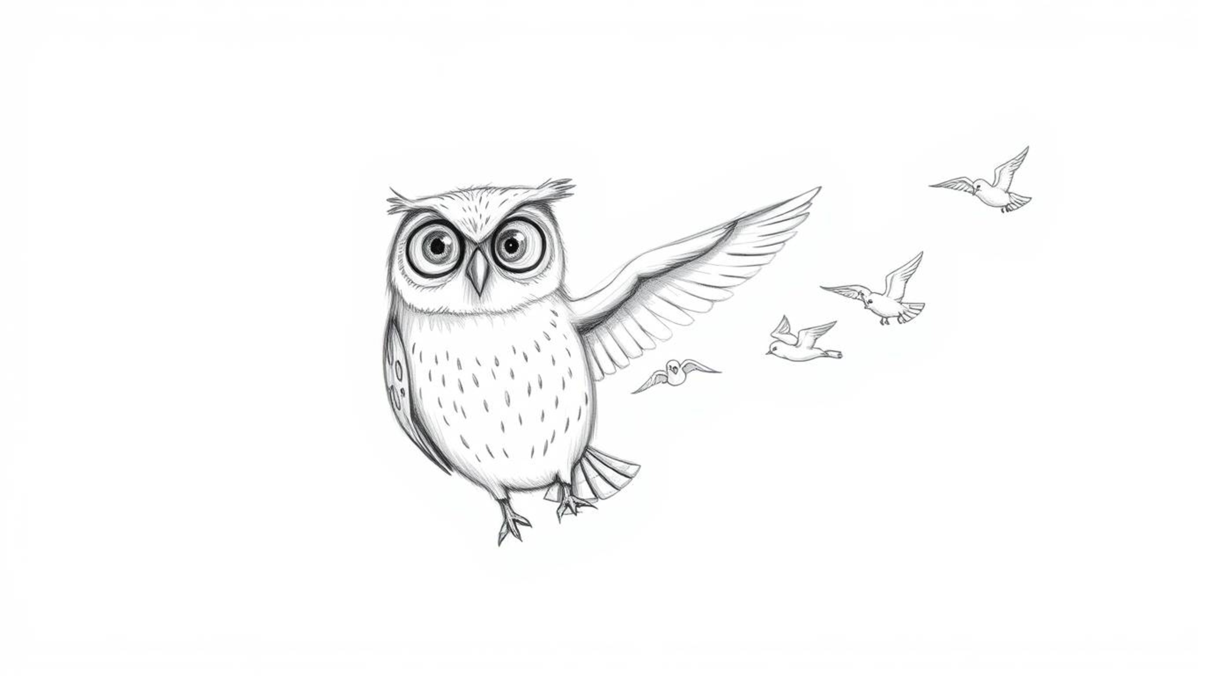 A heartwarming, hand-drawn pencil sketch in the style of Pixar animation depicts a blind owl gently guiding a group of small 