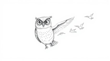 A heartwarming, hand-drawn pencil sketch in the style of Pixar animation depicts a blind owl gently guiding a group of small 