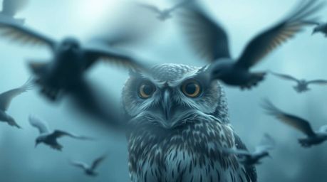 This image showcases a wise, blind owl, rendered in a charming Pixar style, overseeing a flock of birds in flight. The long-e