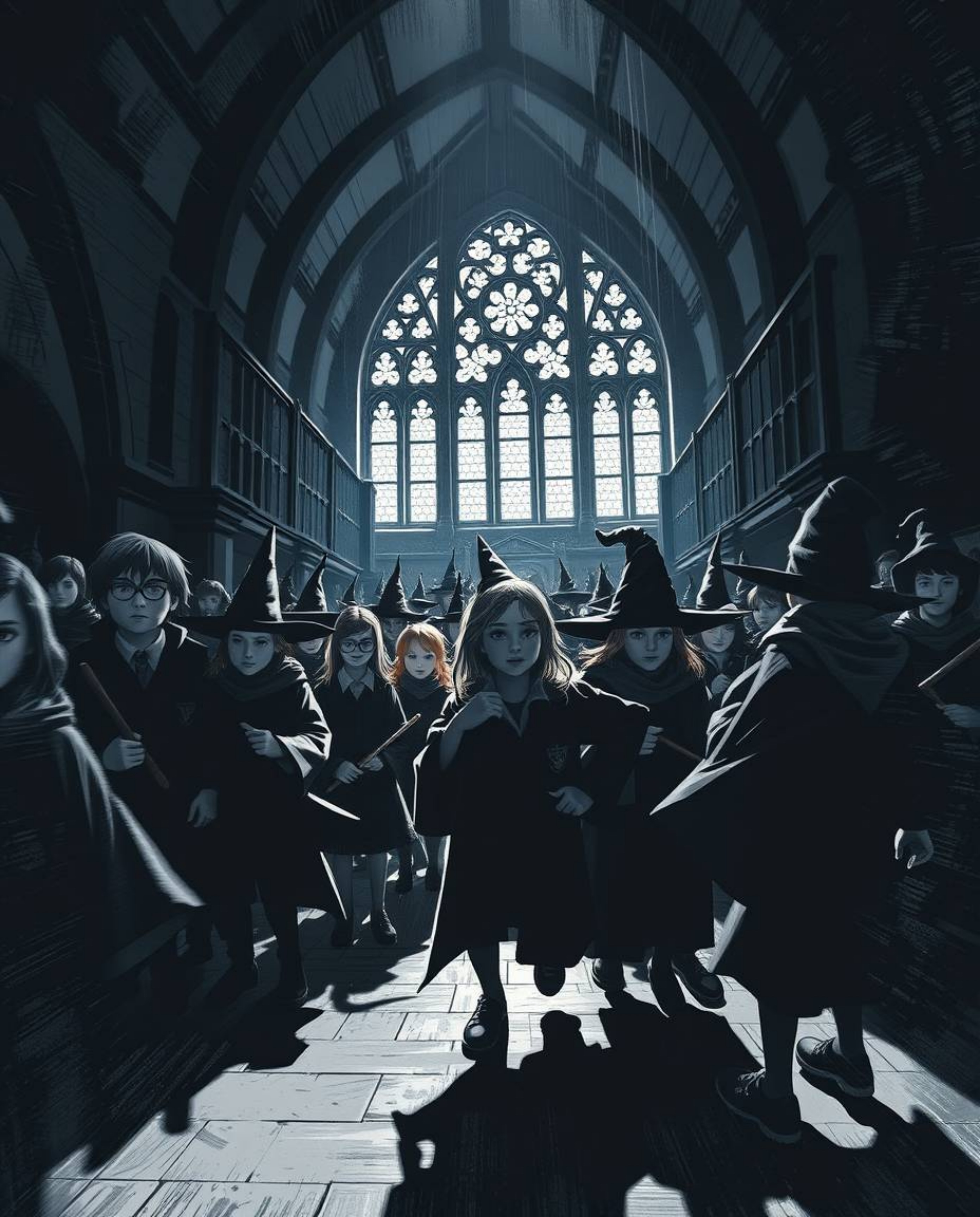 A captivating chiaroscuro-style image showcasing a magical school brimming with young wizards. The scene utilizes strong cont