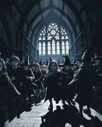 A captivating chiaroscuro-style image showcasing a magical school brimming with young wizards. The scene utilizes strong cont