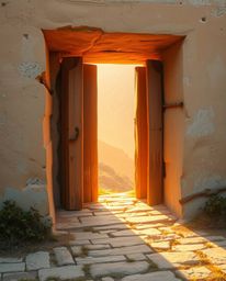 An ancient doorway, etched with glowing runes, is nestled into the side of a majestic mountain, painted in delicate pastel sh
