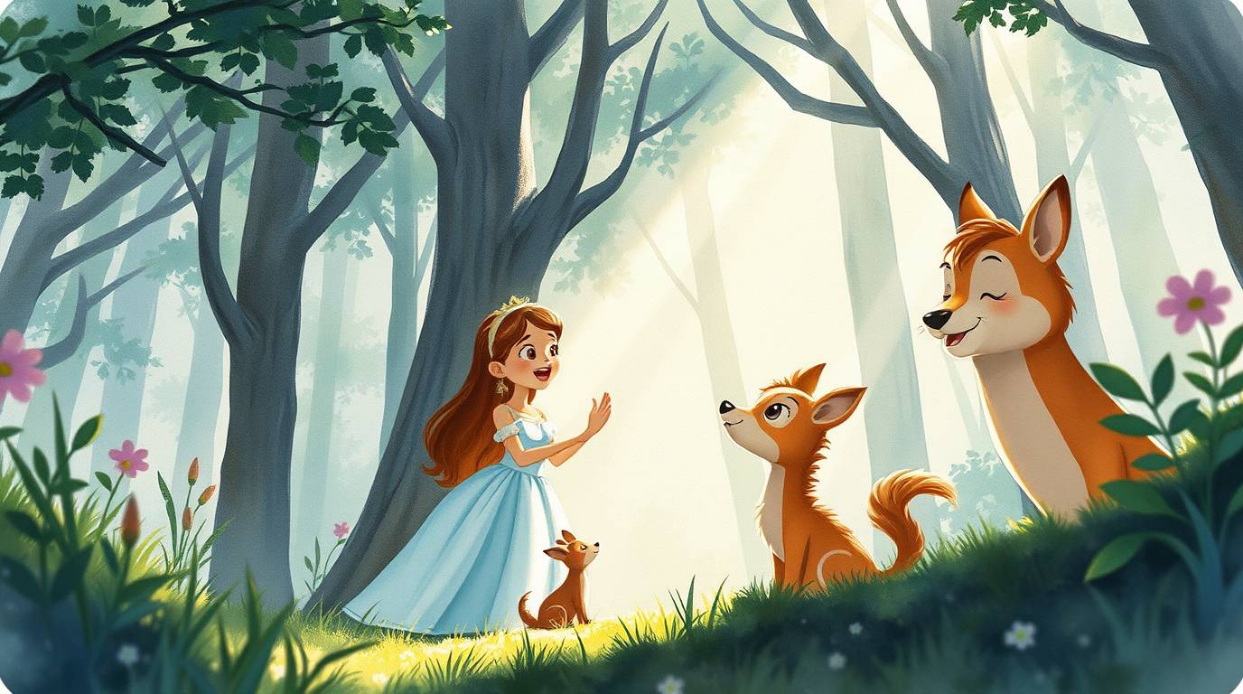 A delicate watercolor painting featuring a princess singing with forest animals, rendered in a vintage 2D animation style. Th
