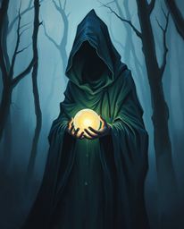 A captivating artwork depicting a cloaked figure in a misty forest, holding a glowing orb. Rendered in a classic oil painting