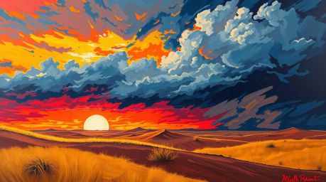 A captivating acrylic painting depicts a vibrant sunset over golden desert dunes, contrasted by a stormy sky.  The artwork em