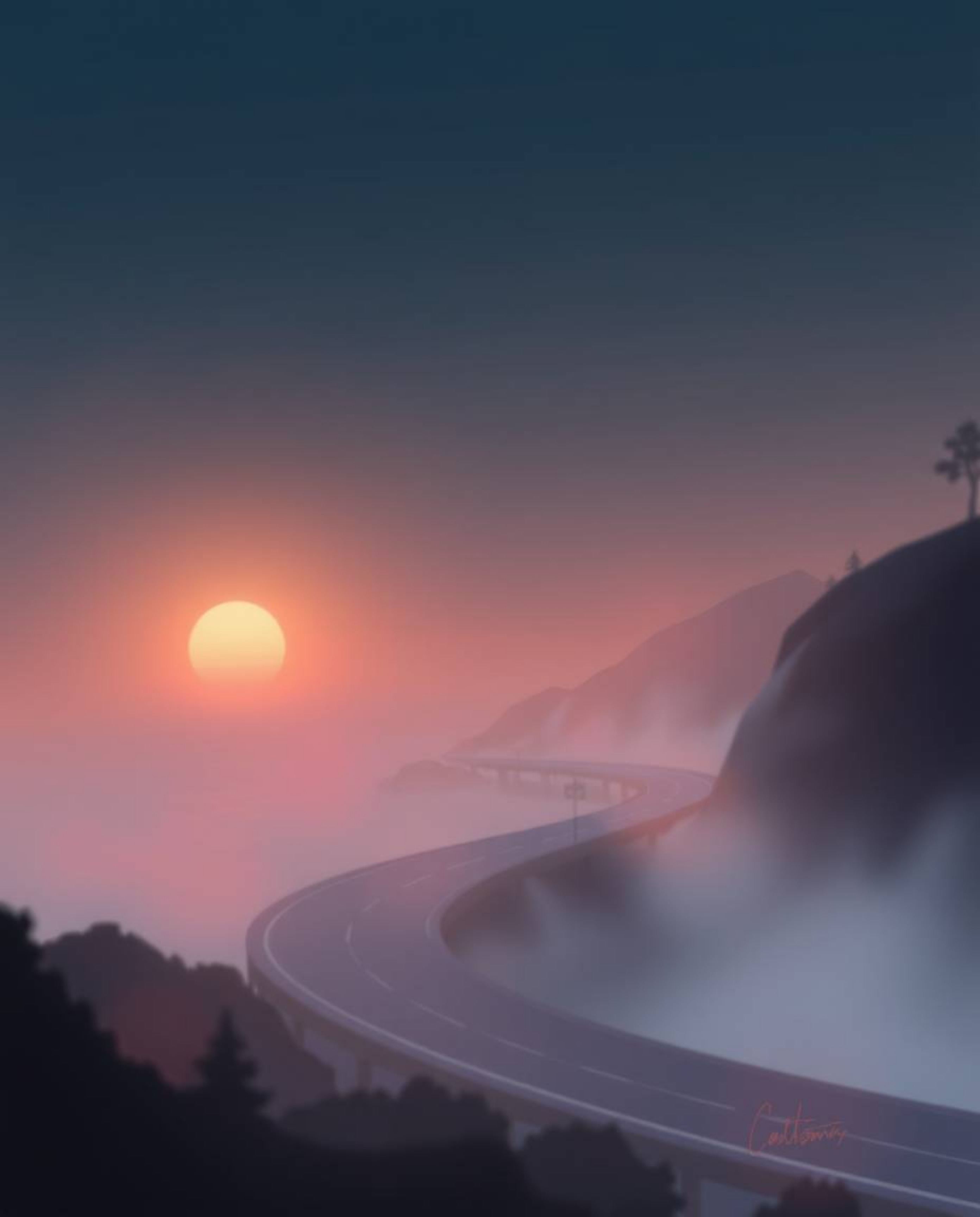 This soft, dreamy digital painting depicts a winding coastal highway at sunset, enveloped in a gentle, cinematic haze. The ar