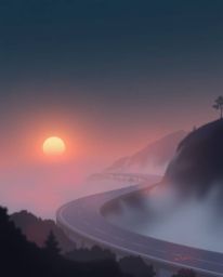 This soft, dreamy digital painting depicts a winding coastal highway at sunset, enveloped in a gentle, cinematic haze. The ar
