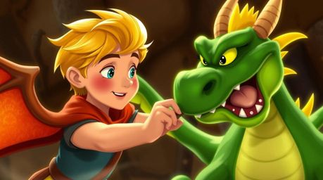 A charming prince, depicted in a vibrant 1950s animation style, bravely battles a fearsome green dragon. The scene is awash i