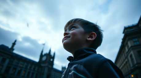 A captivating image depicting a young boy soaring above London, powered by magical pixie dust.  Captured from a low angle, th