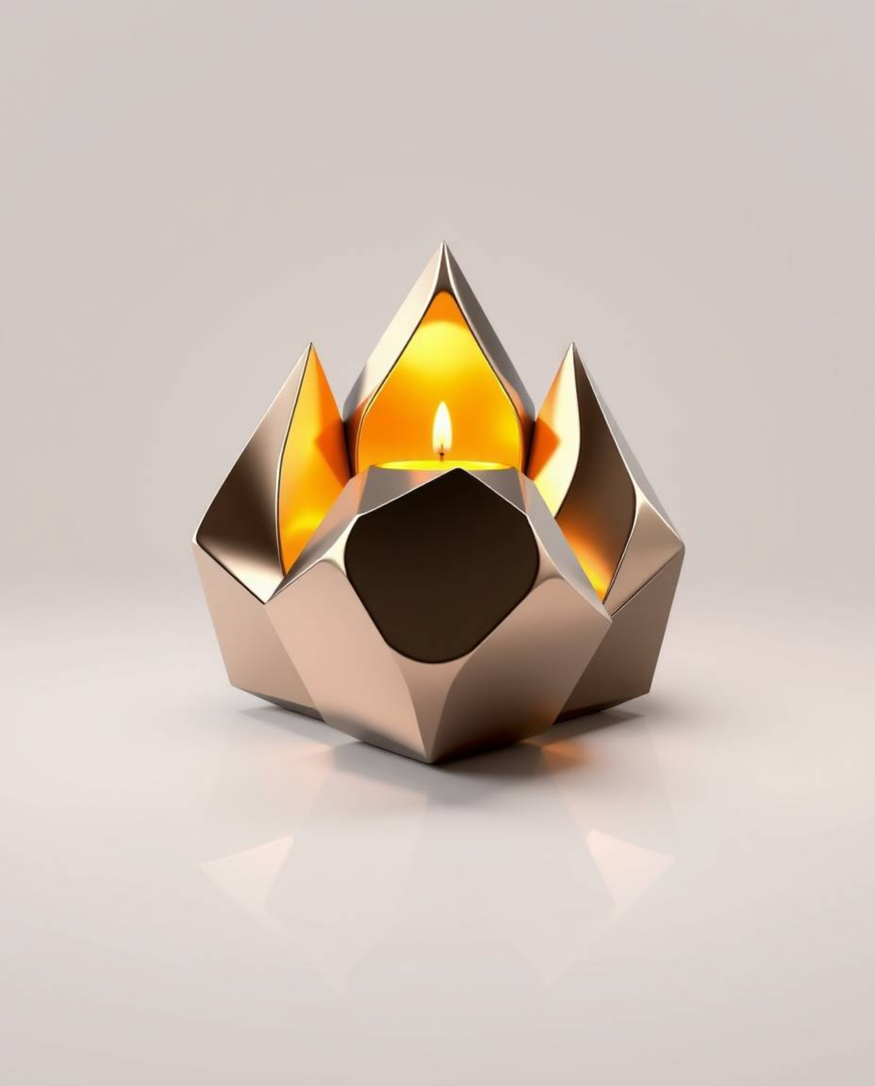 This stunning logo design features sculptural, 3D mercury forms with a reflective surface and geometric shapes. The warm cand