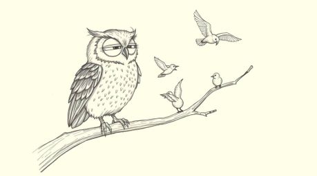 A heartwarming, hand-drawn sketch in the style of Pixar animation depicts a blind owl with detailed, textured feathers using 