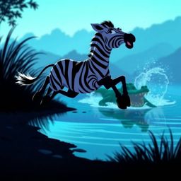 A dynamic 3D cartoon zebra jumps in fear and alertness near a riverbank, beautifully backlit with cool blues, greens, and pur