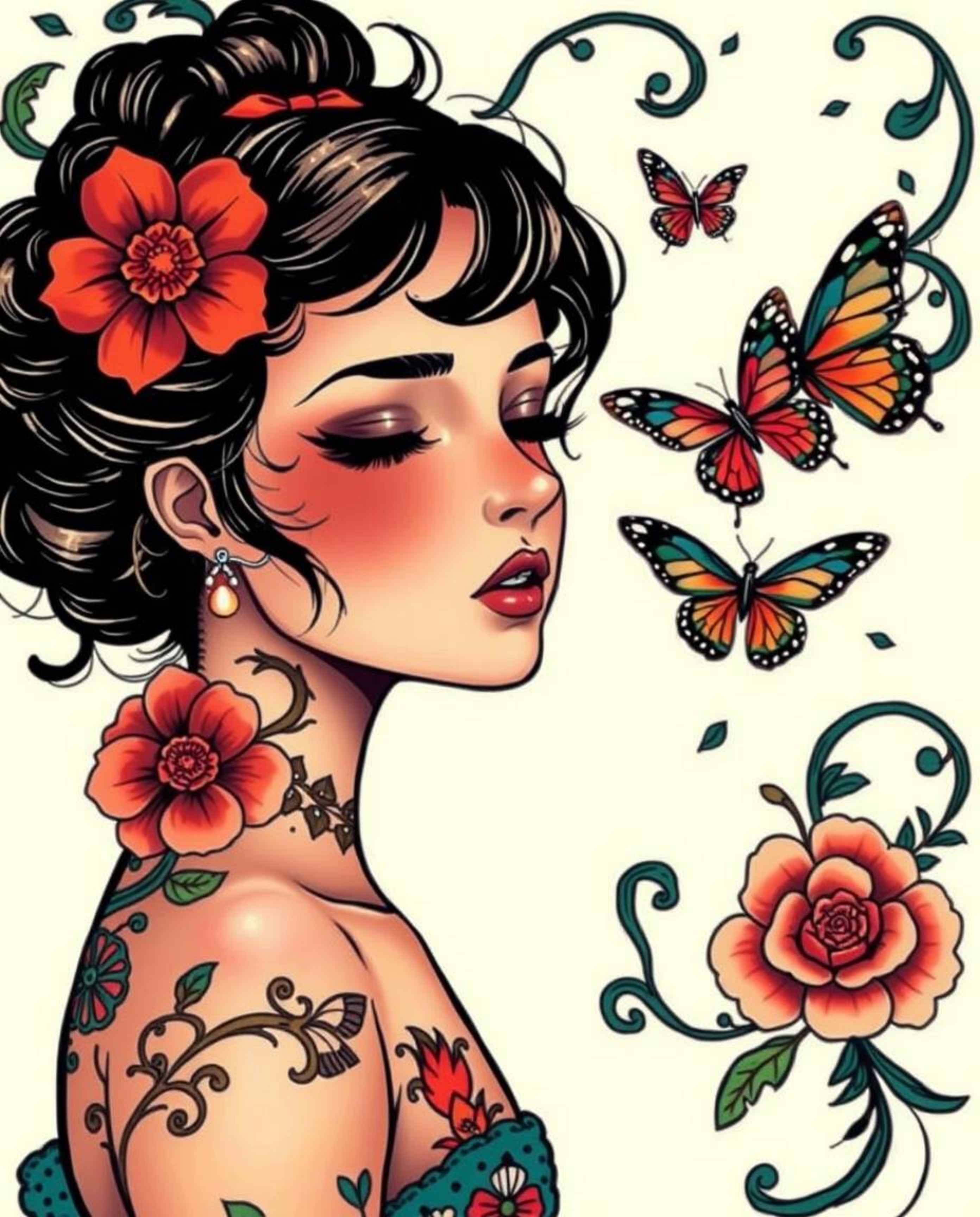A captivating image featuring a girl with delicate features and olive skin, releasing butterflies into the air amidst swirlin