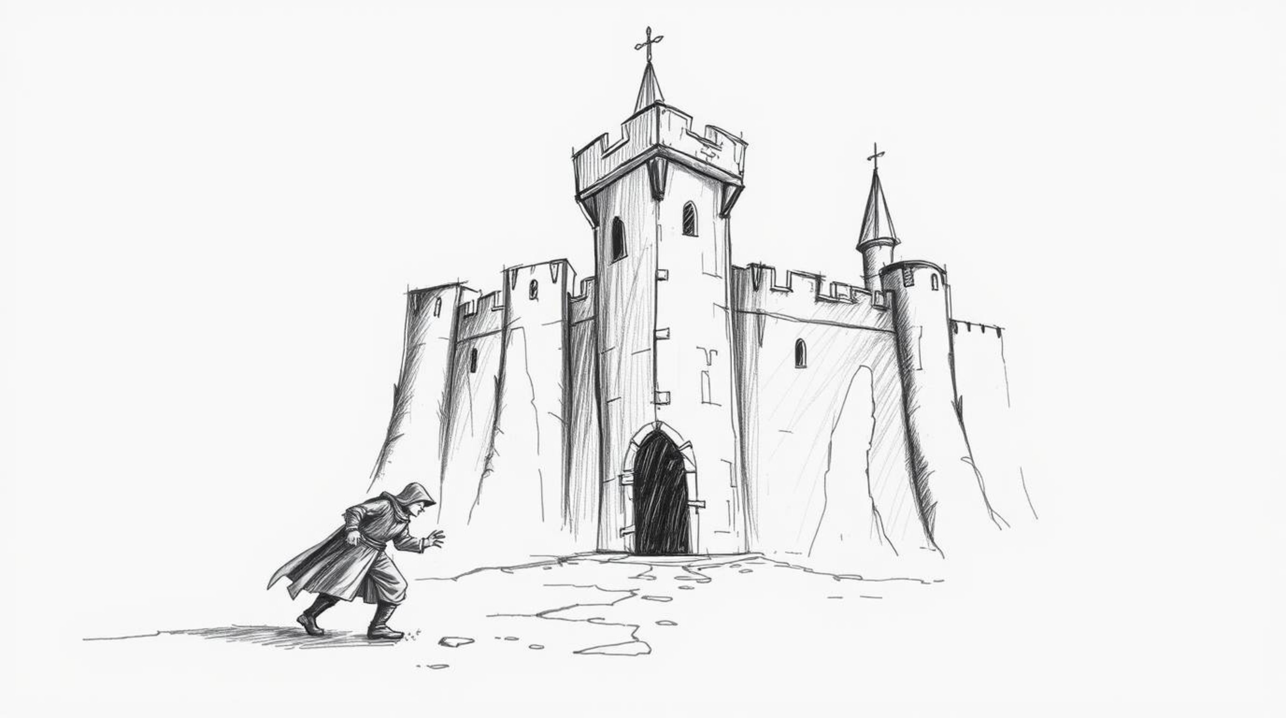 A hand-drawn sketch showcasing a thief's audacious attempt to infiltrate a heavily guarded castle, rendered in a strong, mood