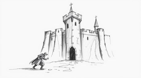 A hand-drawn sketch showcasing a thief's audacious attempt to infiltrate a heavily guarded castle, rendered in a strong, mood