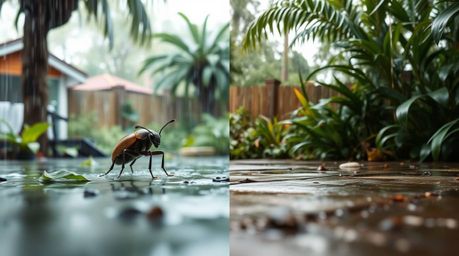 Explore a vibrant backyard jungle from the perspective of a bug-sized hero in this split-screen image. One side showcases a r