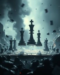A captivating image showcasing a chessboard frozen in time, with pieces suspended mid-air in a dramatic scene of destruction.