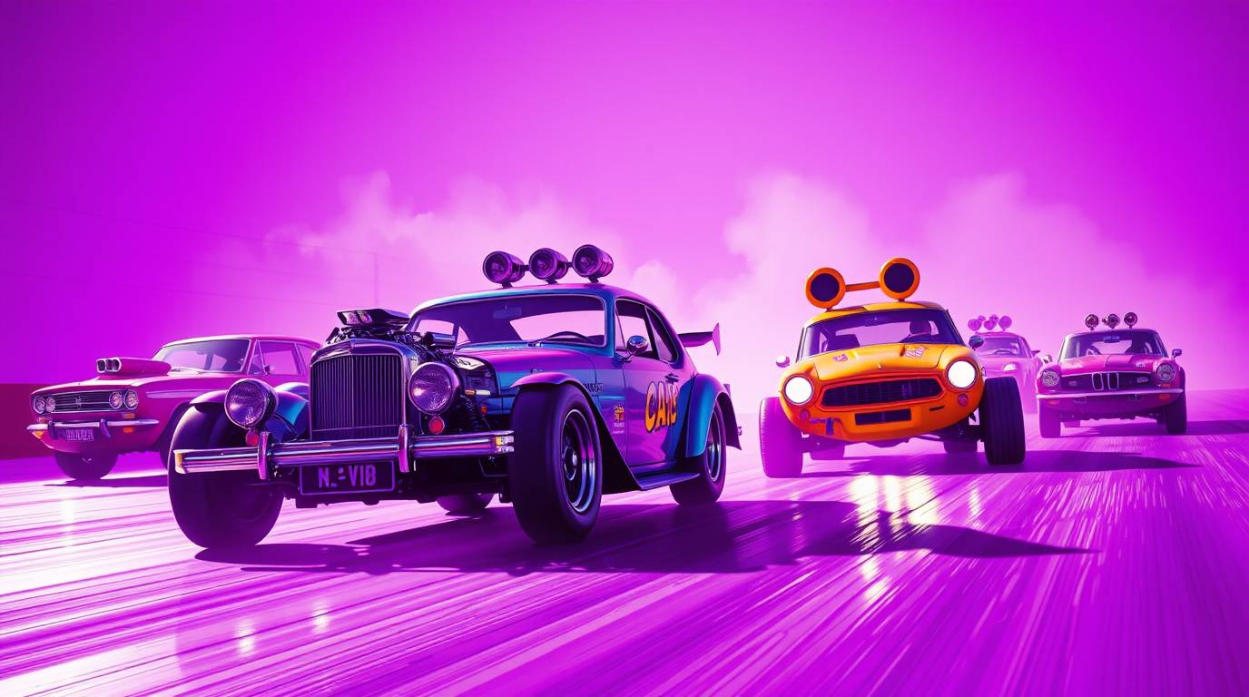 Experience a bizarre and thrilling racing scene filled with outlandish cars, brought to life in deep ultraviolet hues and str