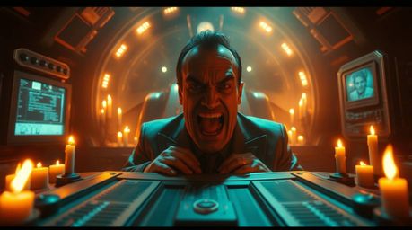 Experience a dramatic and cinematic portrayal of a villain's humorous breakdown within a high-tech lair. The scene is bathed 