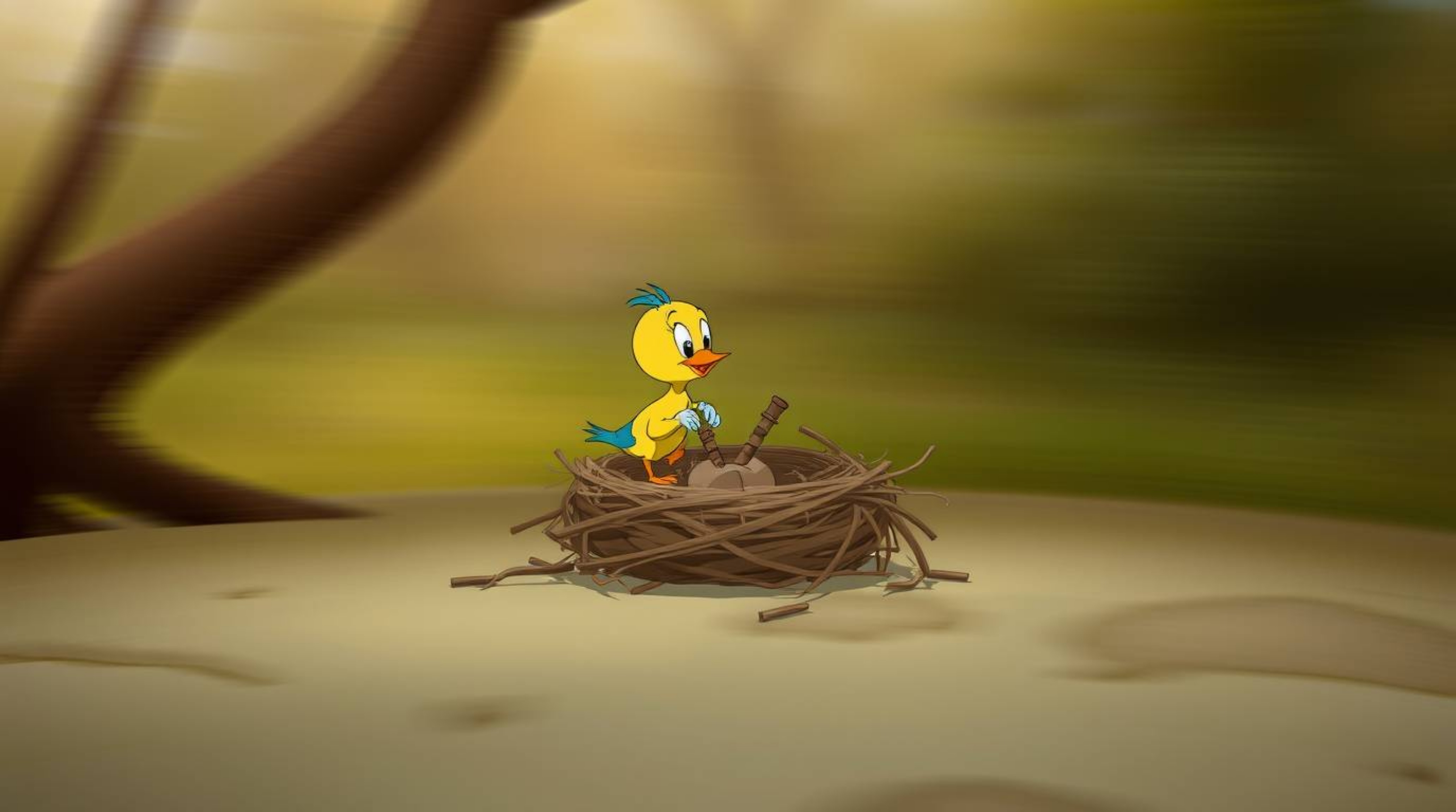 A whimsical long exposure photograph capturing two cartoon birds diligently building a nest in a classic animation style. The