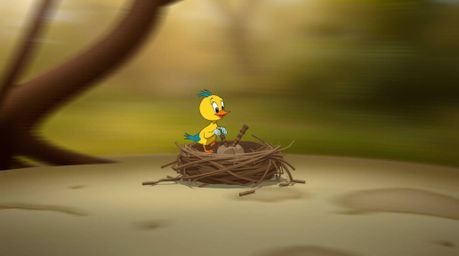 A whimsical long exposure photograph capturing two cartoon birds diligently building a nest in a classic animation style. The