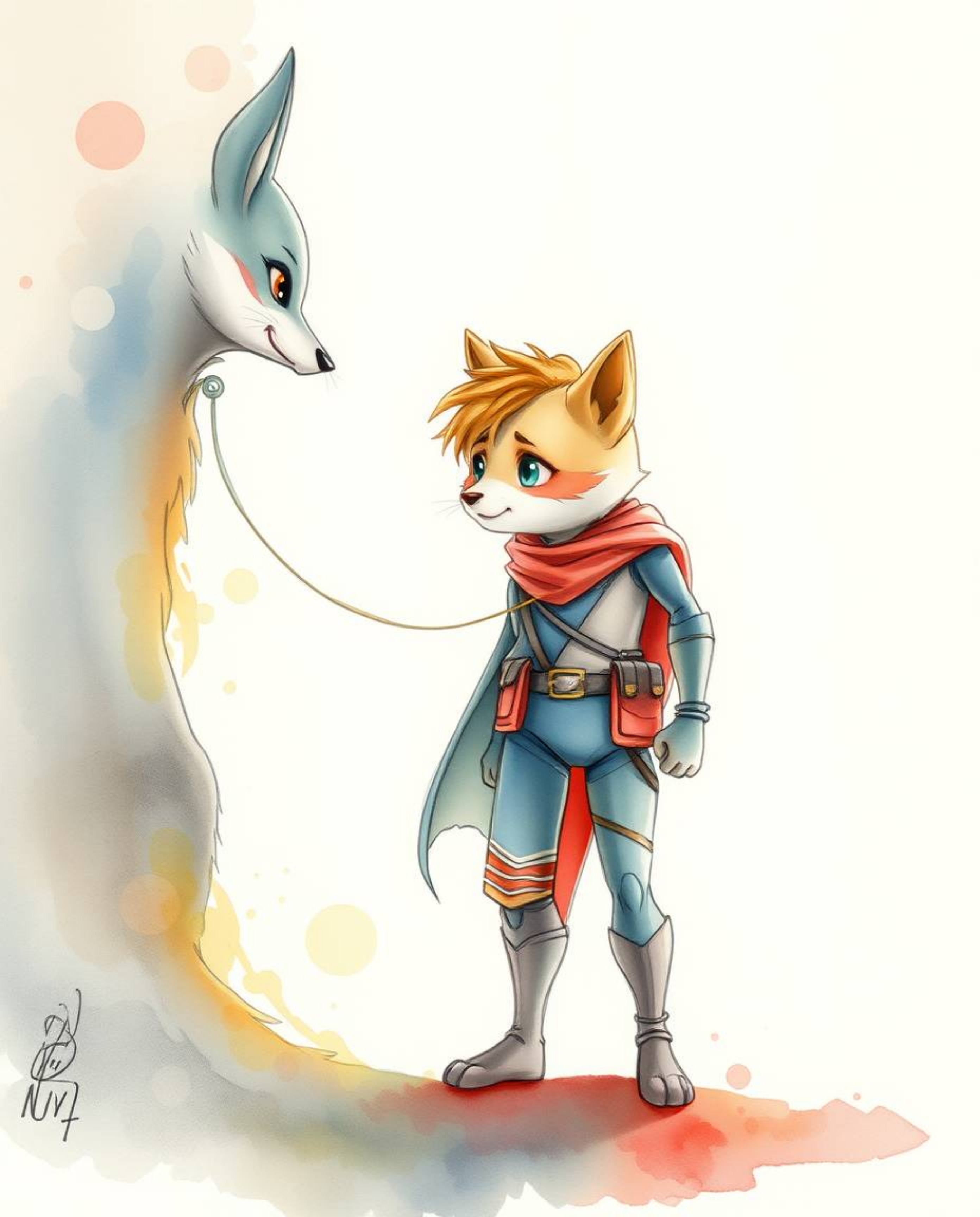 A delicate watercolor painting depicts a talking animal sidekick assisting a hero, rendered in translucent washes with fluid