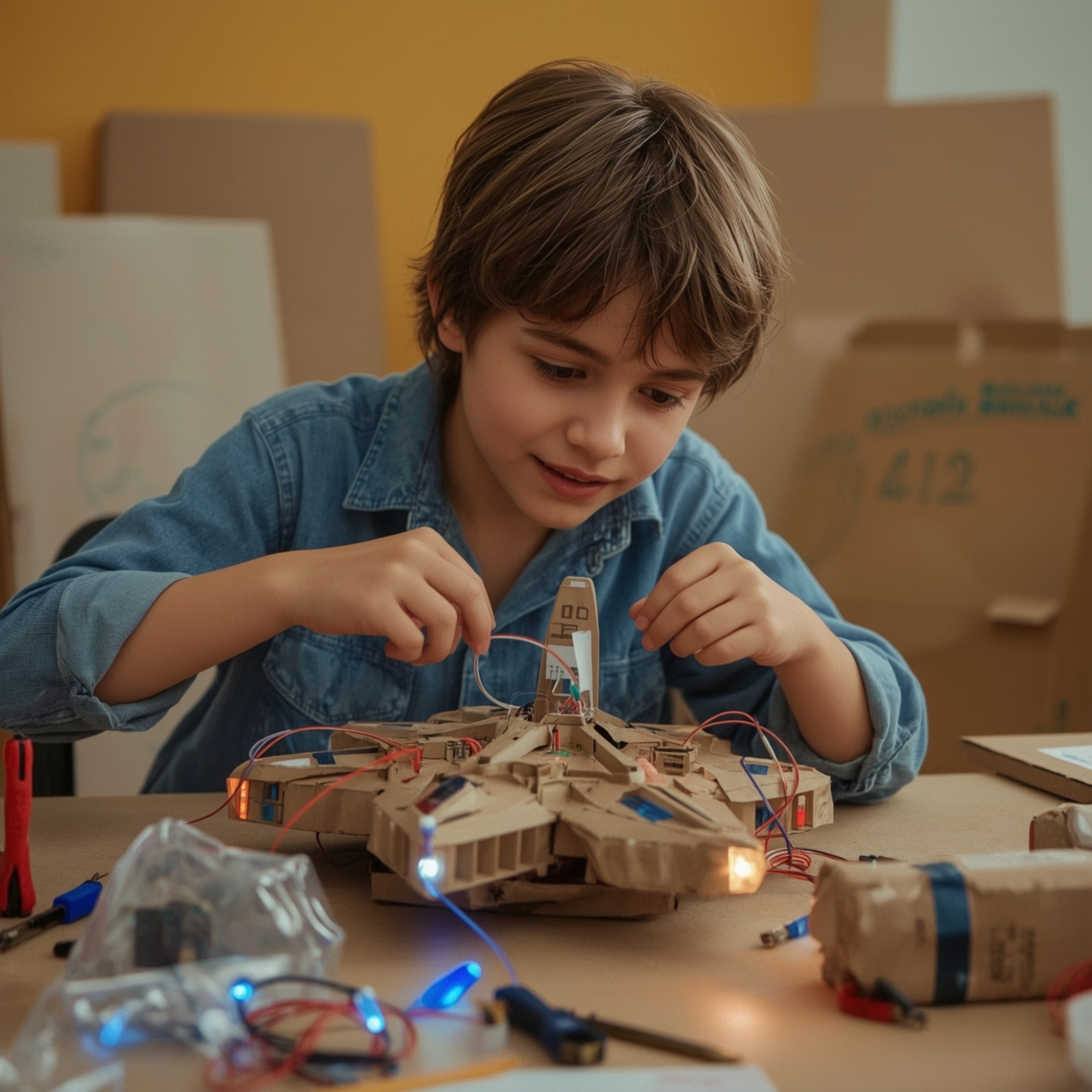Exquisite high-fashion photography captures a young boy's joyful creation: a detailed, functional cardboard spaceship.  The P