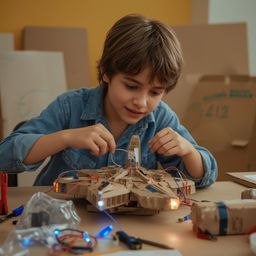 Exquisite high-fashion photography captures a young boy's joyful creation: a detailed, functional cardboard spaceship.  The P