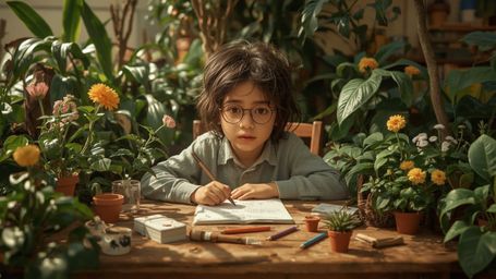 A highly detailed, high-resolution stock photo depicts a bright, messy-haired, and bespectacled young homeschooler, reminisce