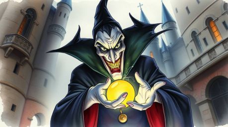 A classic Disney villain with dark eyes and a sinister grin is captured in a delicate watercolor painting, casting a spell wi